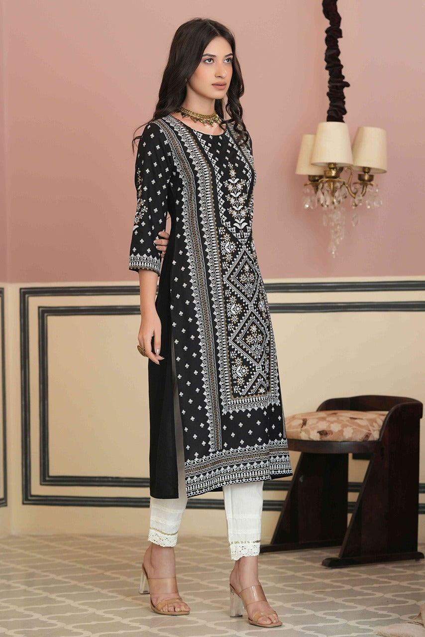 Juniper Women's Black Rayon Staple Straight Placement Print Kurta