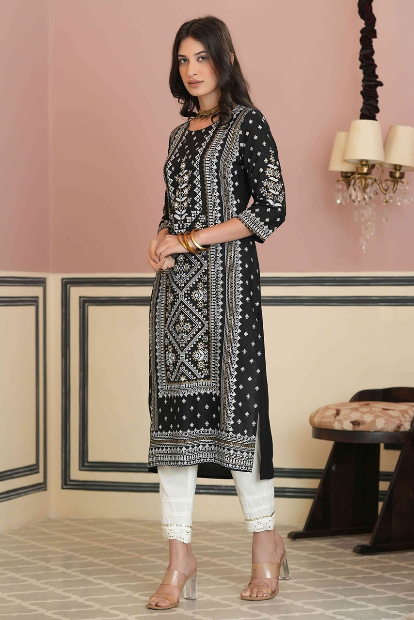 Juniper Women's Black Rayon Staple Straight Placement Print Kurta
