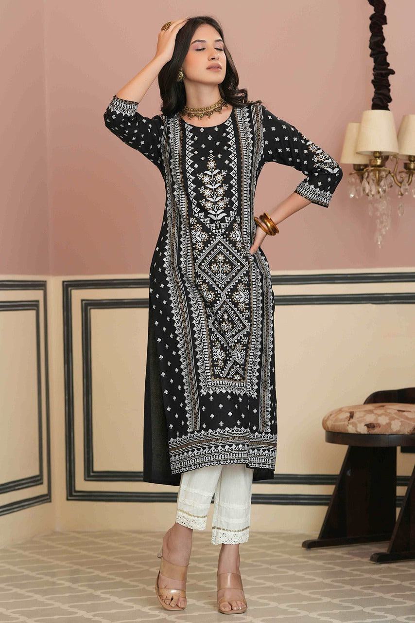 Juniper Women's Black Rayon Staple Straight Placement Print Kurta