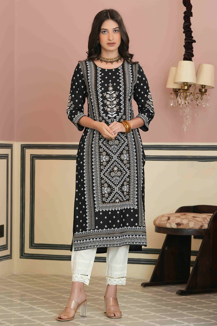 Juniper Women's Black Rayon Staple Straight Placement Print Kurta
