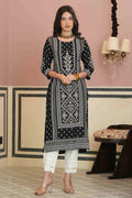 Juniper Women's Black Rayon Staple Straight Placement Print Kurta