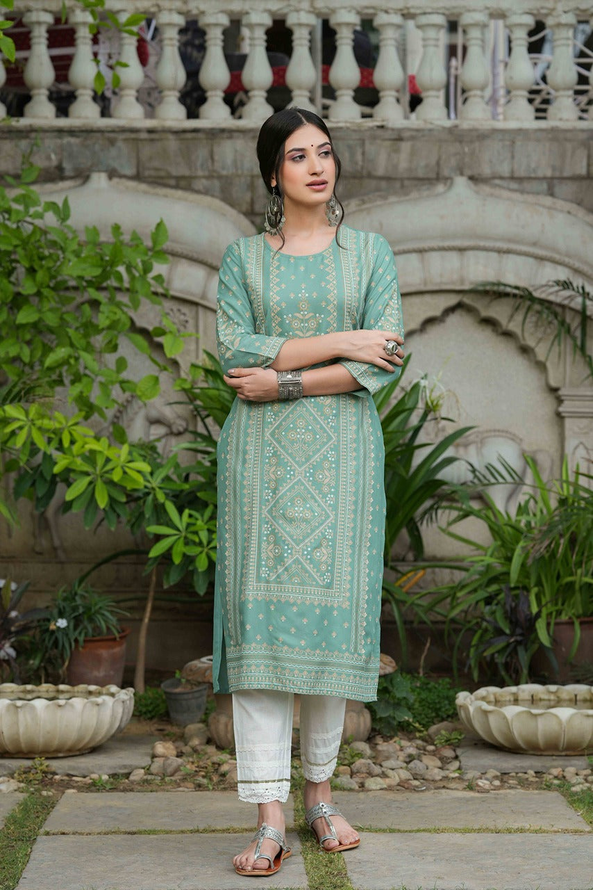 Juniper Women's Sage Green Rayon Staple Straight Placement Print Kurta