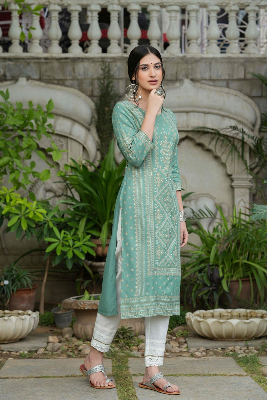 Juniper Women's Sage Green Rayon Staple Straight Placement Print Kurta