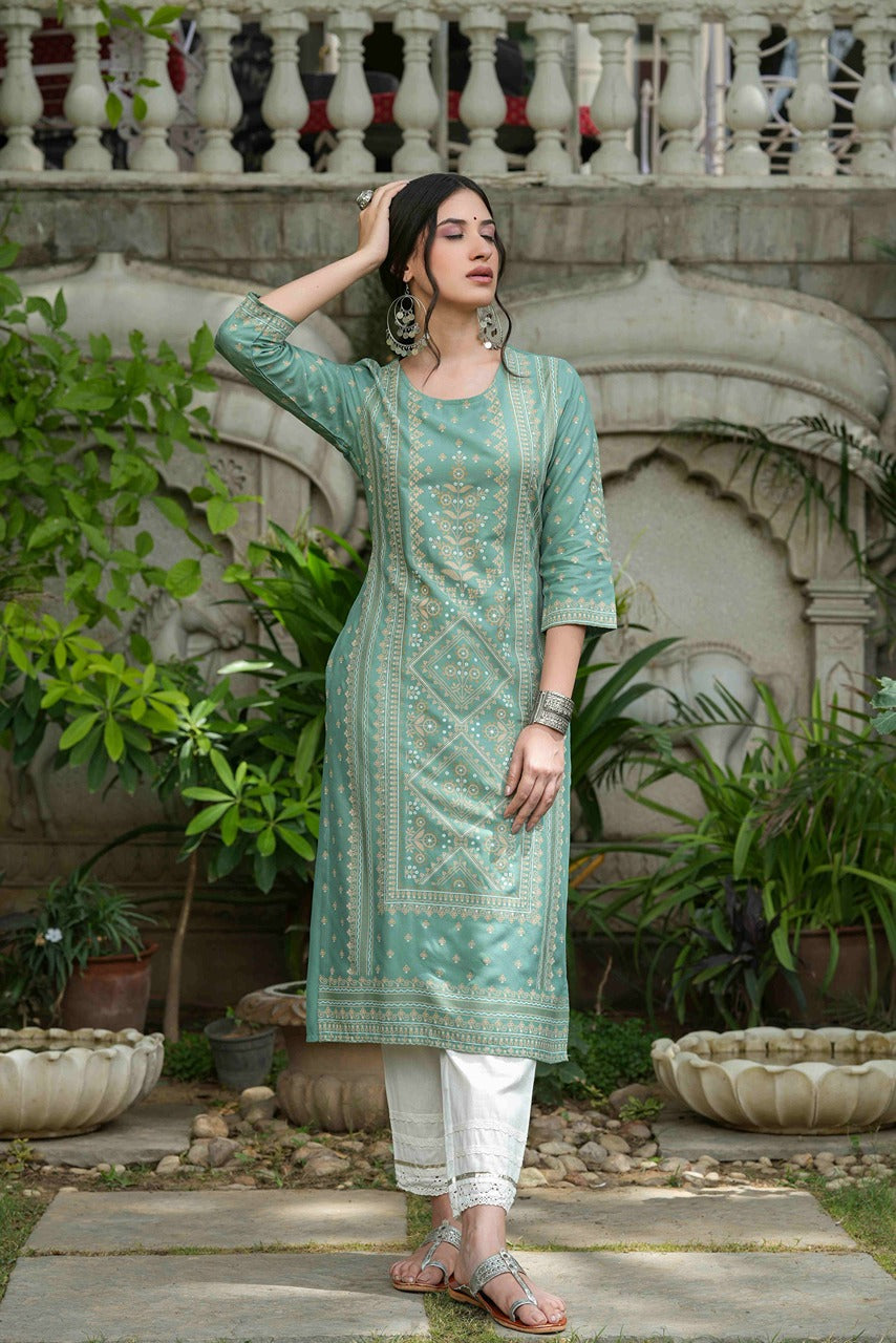 Juniper Women's Sage Green Rayon Staple Straight Placement Print Kurta
