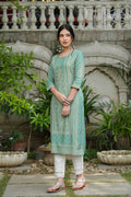 Juniper Women's Sage Green Rayon Staple Straight Placement Print Kurta