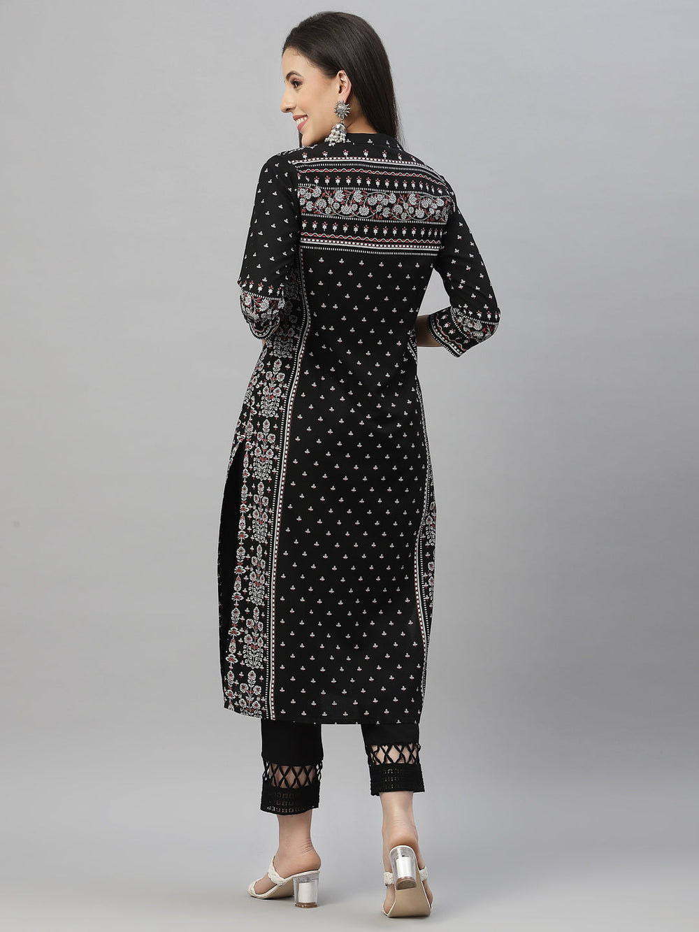 Juniper Black Rayon Festive Placement Print Straight Kurta For Women