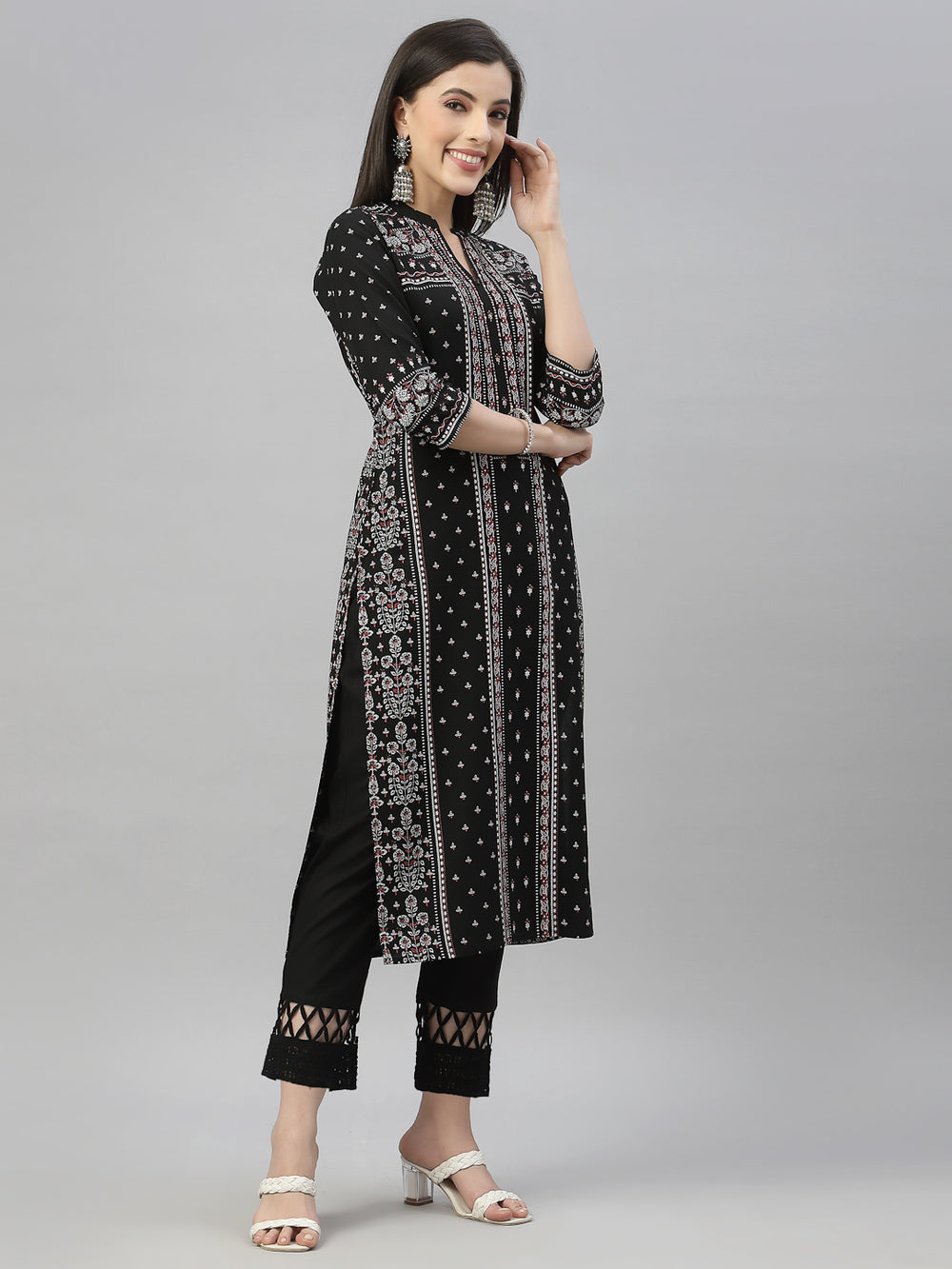 Juniper Black Rayon Festive Placement Print Straight Kurta For Women