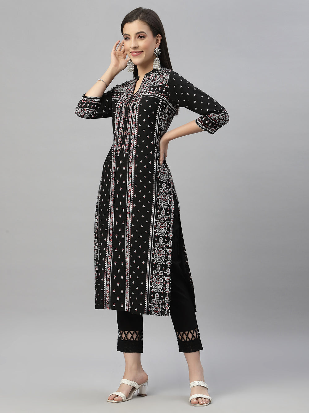 Juniper Black Rayon Festive Placement Print Straight Kurta For Women