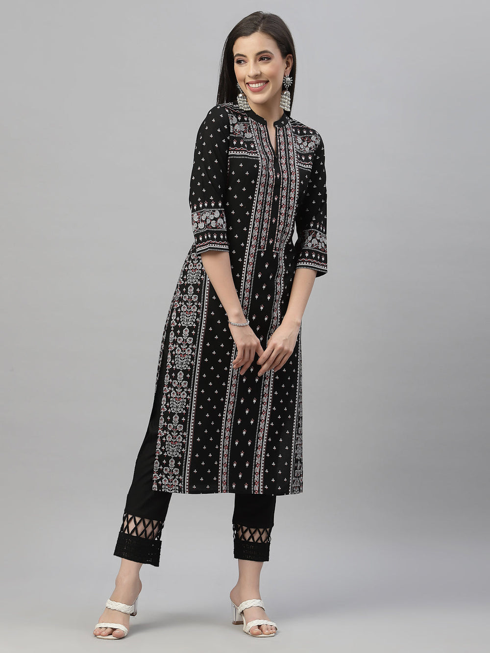 Juniper Black Rayon Festive Placement Print Straight Kurta For Women