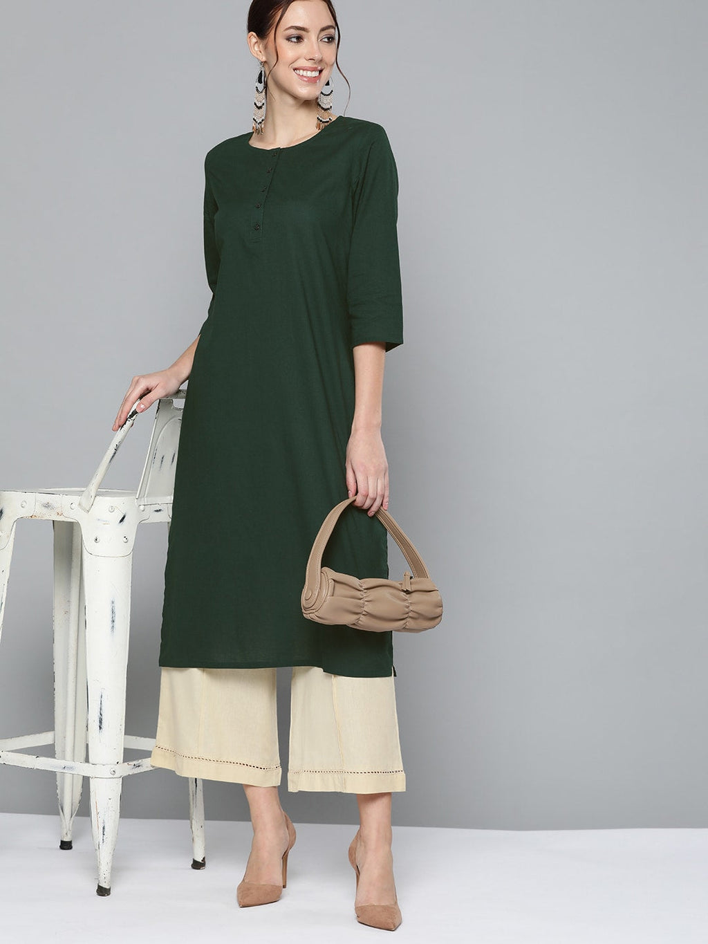 HERE&NOW Women Green Pure Cotton Solid Kurta
