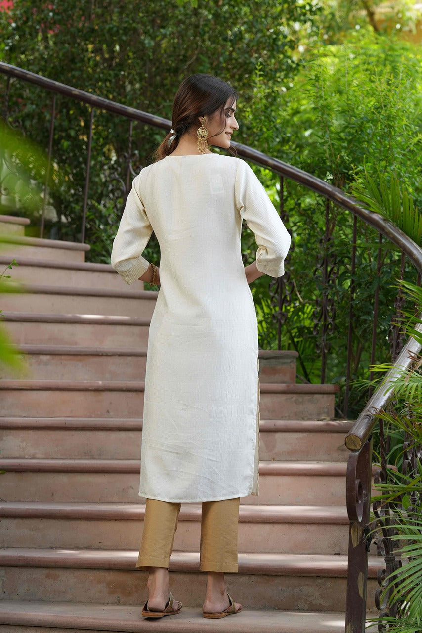 Juniper Cream Silk Festive Embroidered Straight Kurta For Women