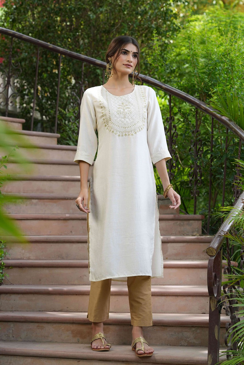 Juniper Cream Silk Festive Embroidered Straight Kurta For Women