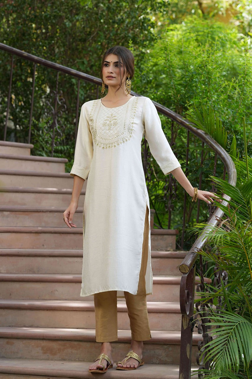 Juniper Cream Silk Festive Embroidered Straight Kurta For Women