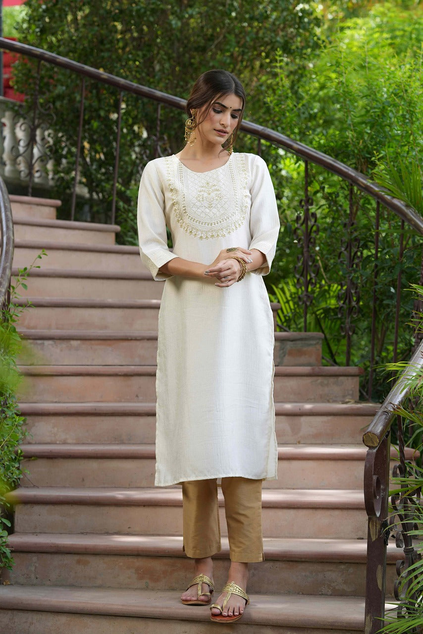 Juniper Cream Silk Festive Embroidered Straight Kurta For Women