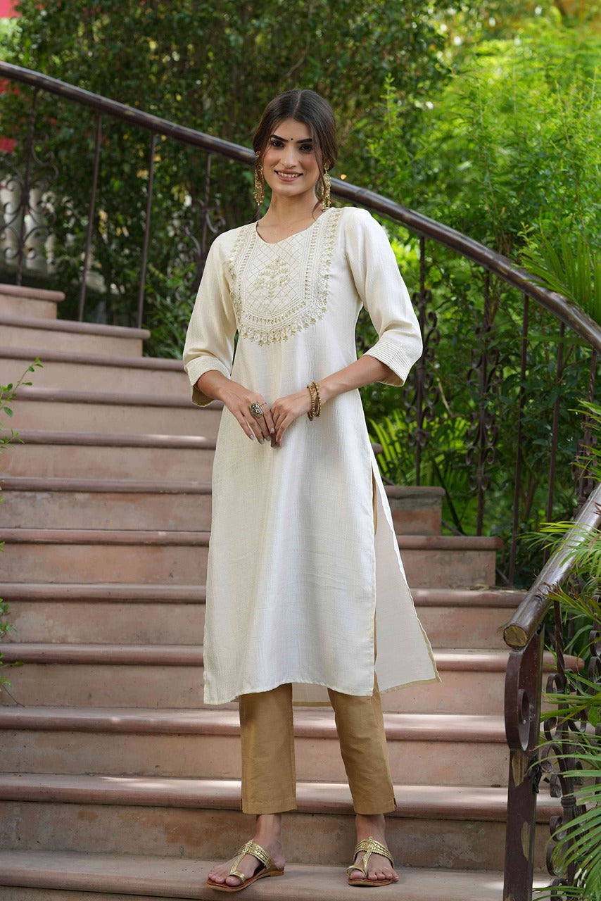 Juniper Cream Silk Festive Embroidered Straight Kurta For Women