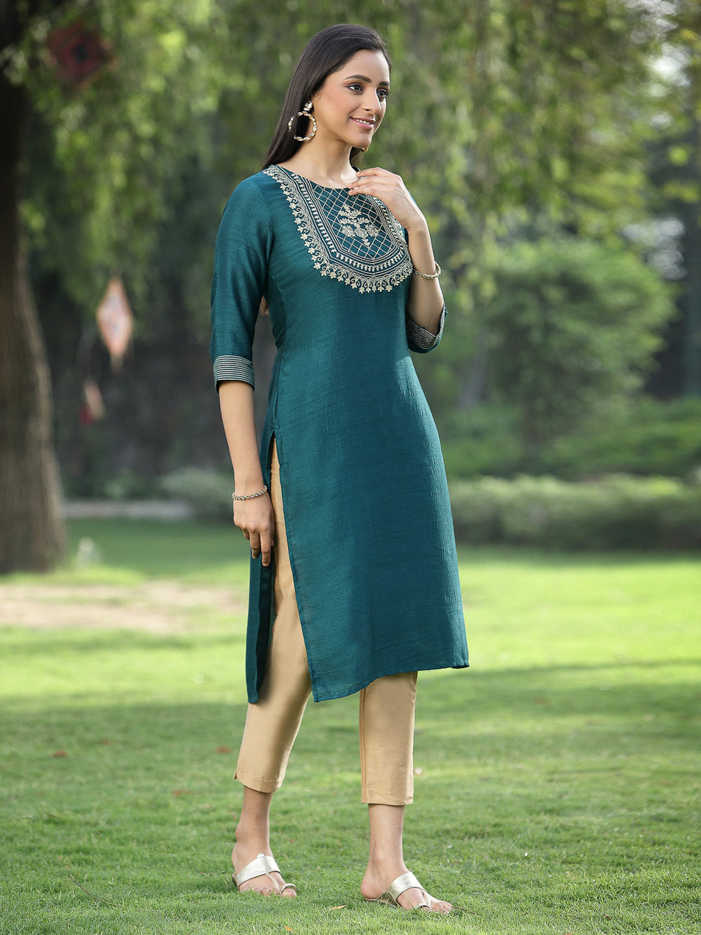 Juniper Green Silk Festive Embroidered Straight Kurta For Women