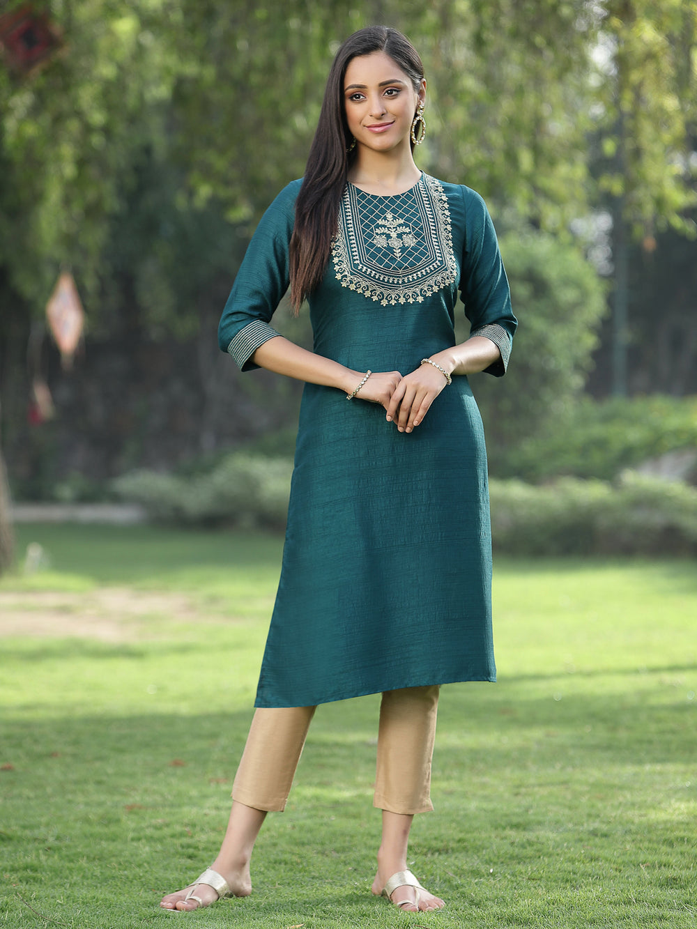 Juniper Green Silk Festive Embroidered Straight Kurta For Women