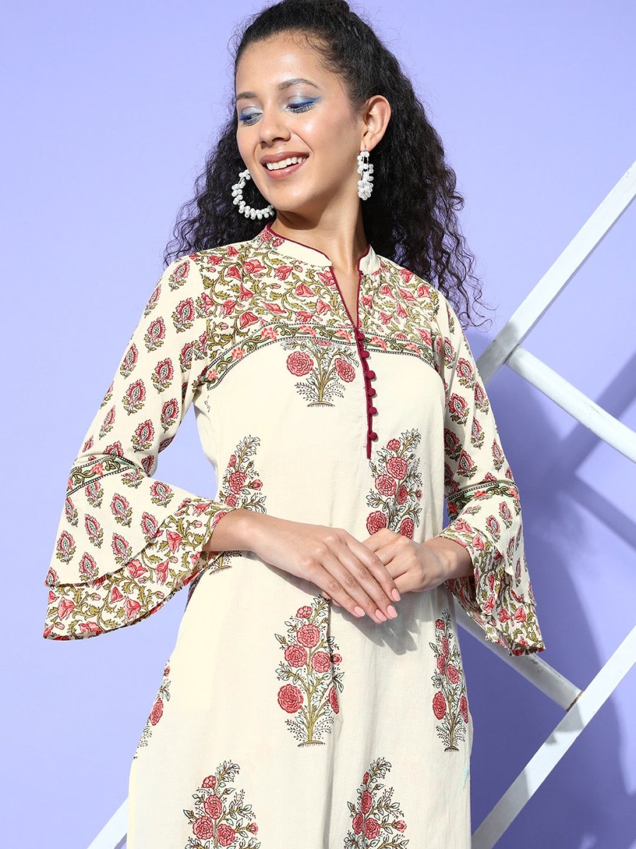 All About You Cream-Coloured Floral Printed Pure Cotton Kurta With Trousers