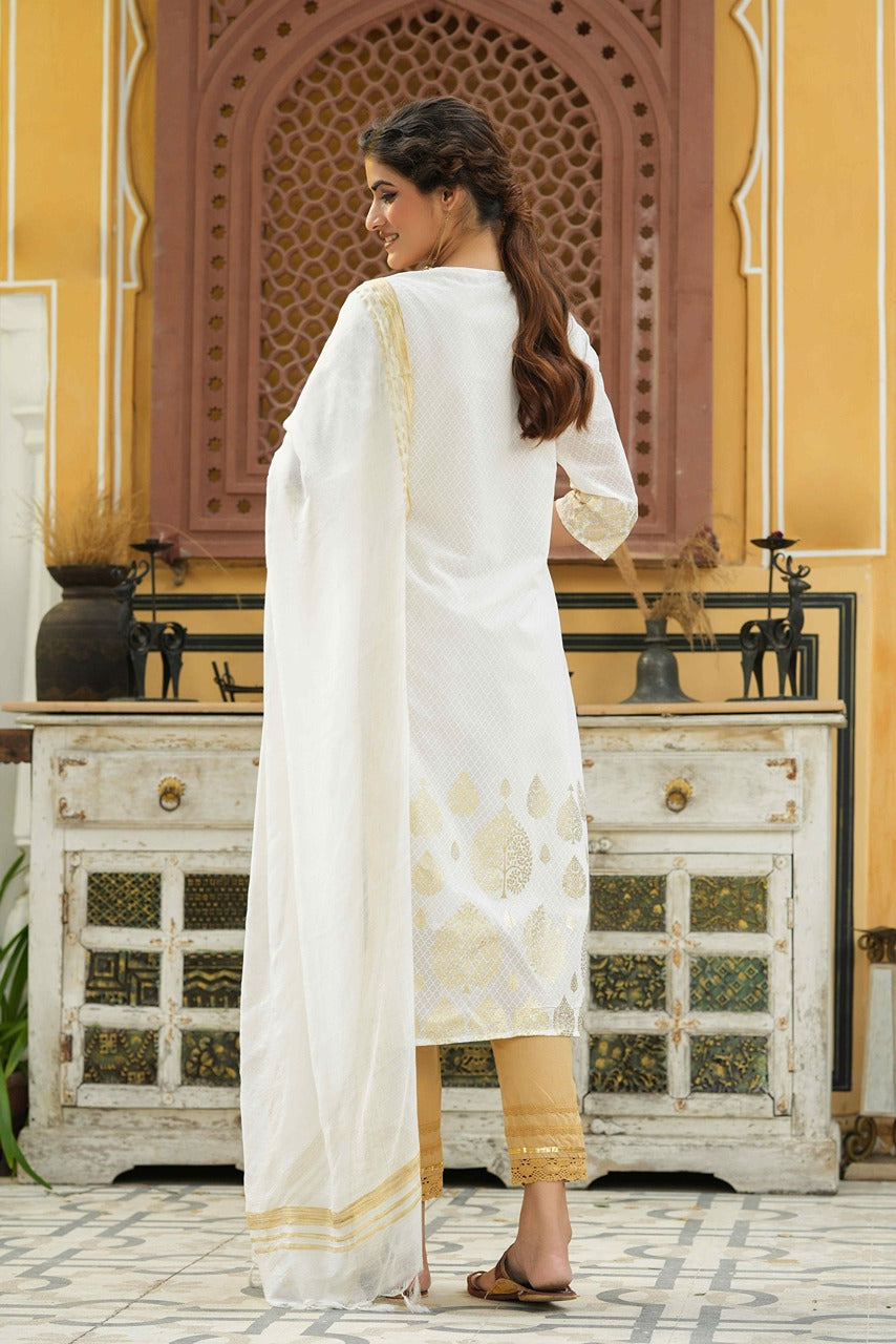Juniper Off - White Georgette Festive Printed Straight Kurta Dupatta Set For Women