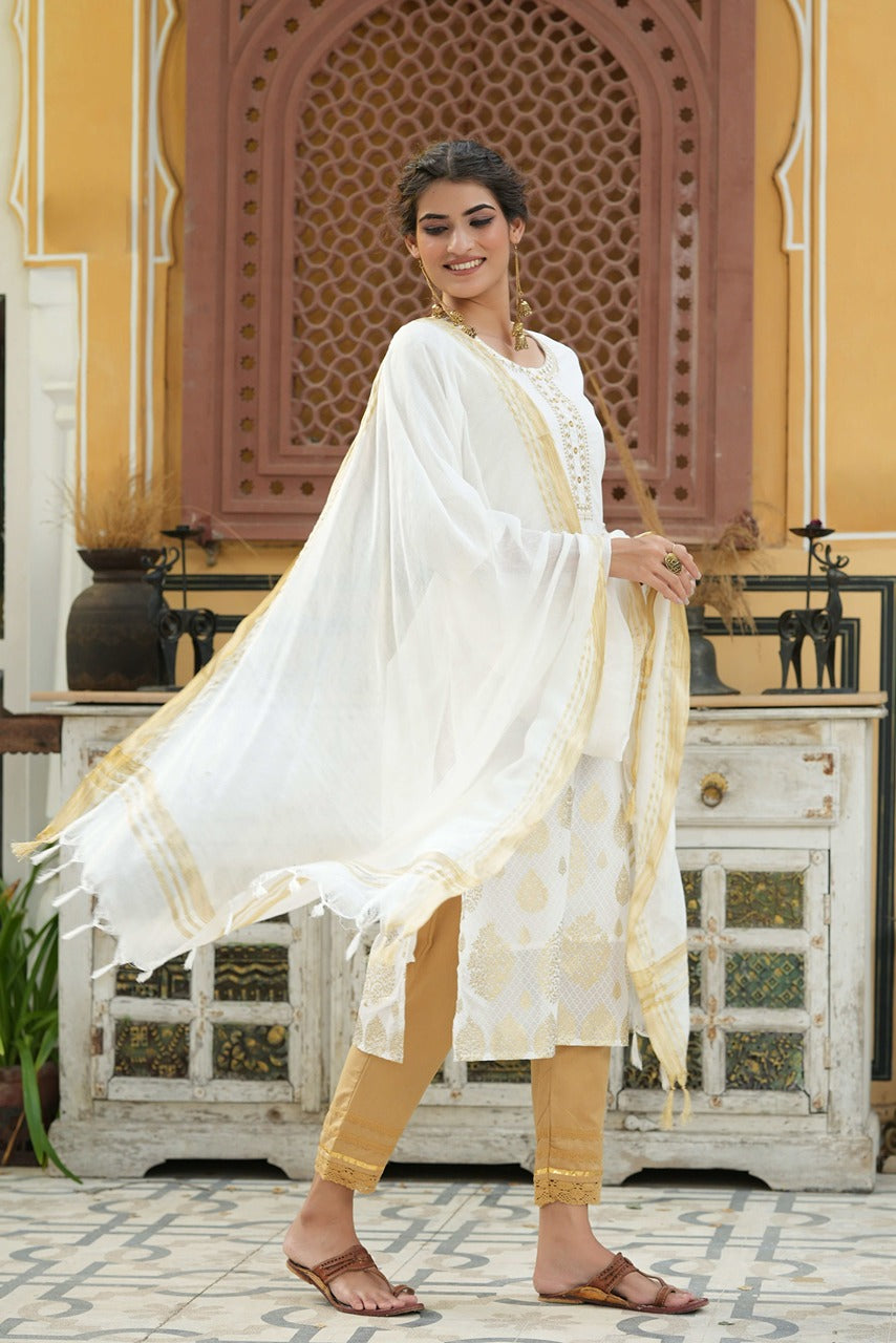 Juniper Off - White Georgette Festive Printed Straight Kurta Dupatta Set For Women