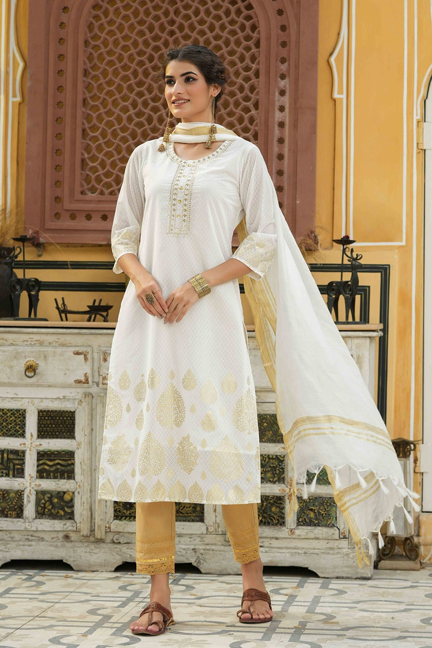 Juniper Off - White Georgette Festive Printed Straight Kurta Dupatta Set For Women