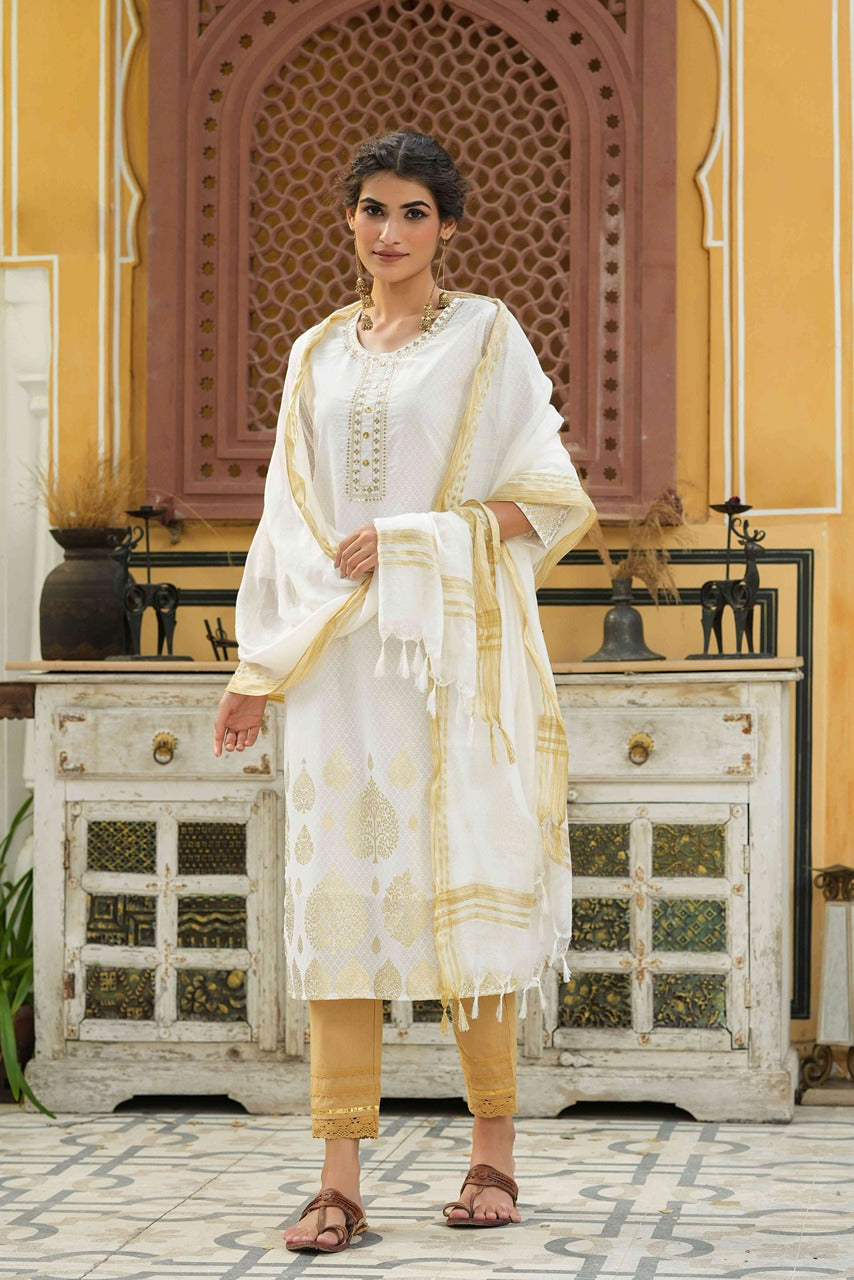 Juniper Off - White Georgette Festive Printed Straight Kurta Dupatta Set For Women