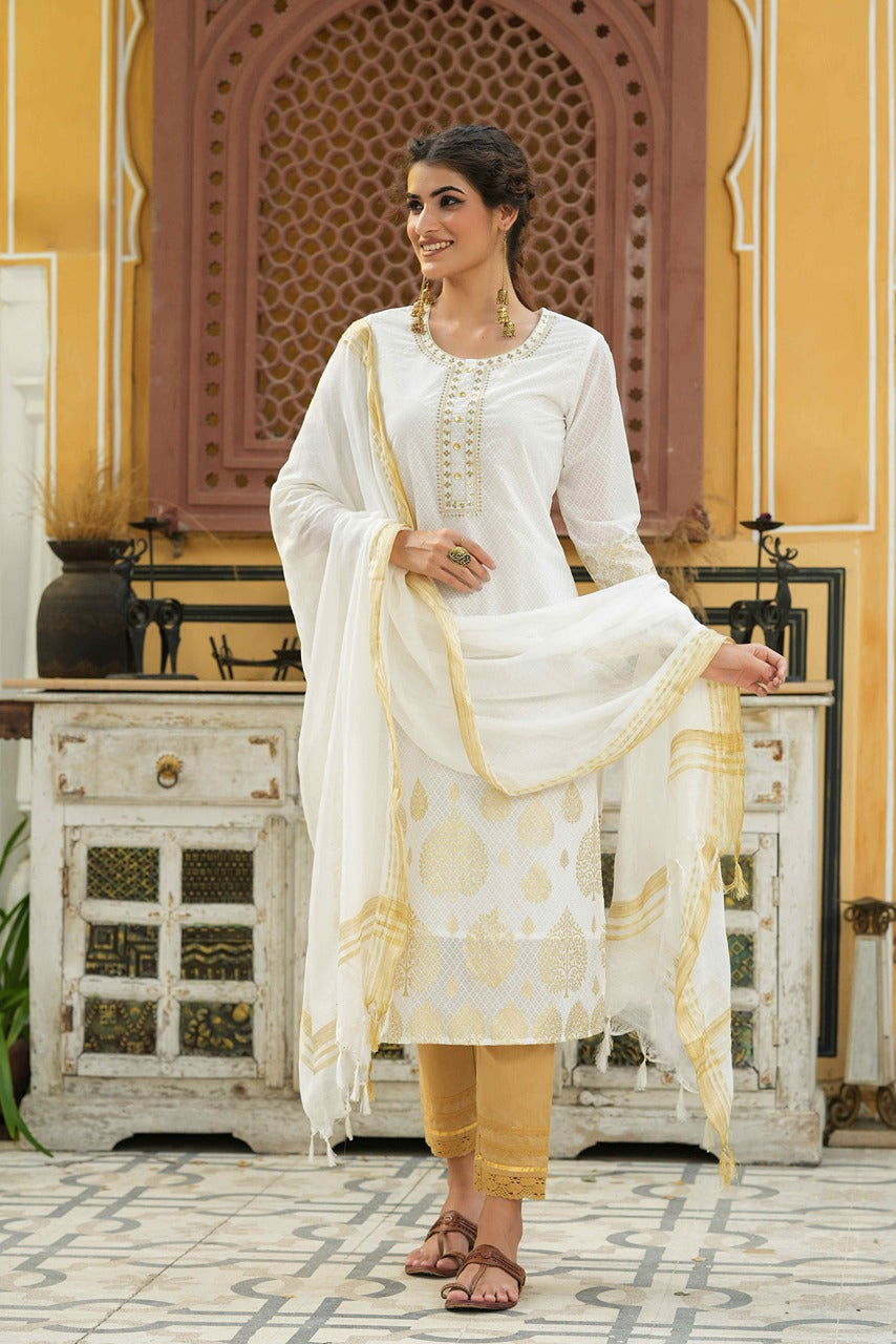 Juniper Off - White Georgette Festive Printed Straight Kurta Dupatta Set For Women