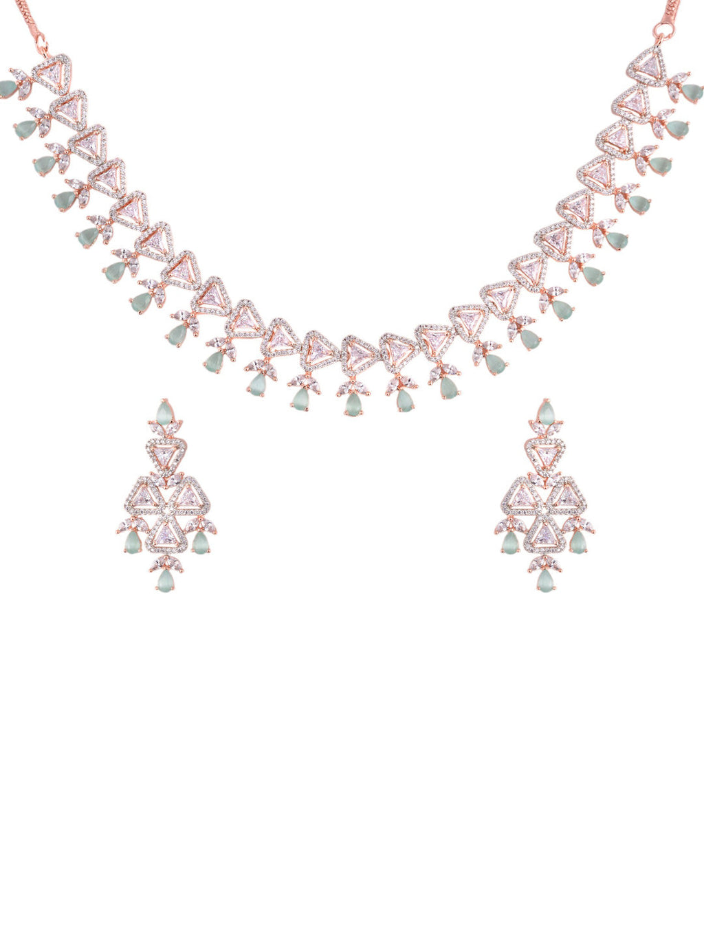 Saraf RS Jewellery Rose Gold-Polished White & Sea Green AD-Studded Handcrafted Jewellery Set