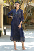 Juniper Indigo Georgette Festive Printed Flared Dress For Women