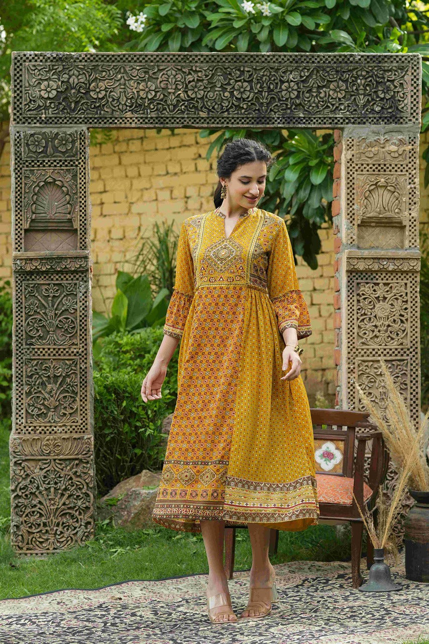 Juniper Mustard Georgette Festive Printed Flared Dress For Women