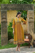 Juniper Mustard Georgette Festive Printed Flared Dress For Women