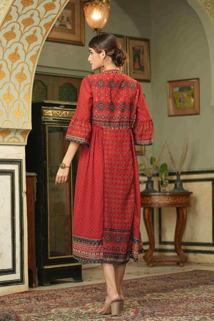 Juniper Red Georgette Festive Printed Flared Dress For Women