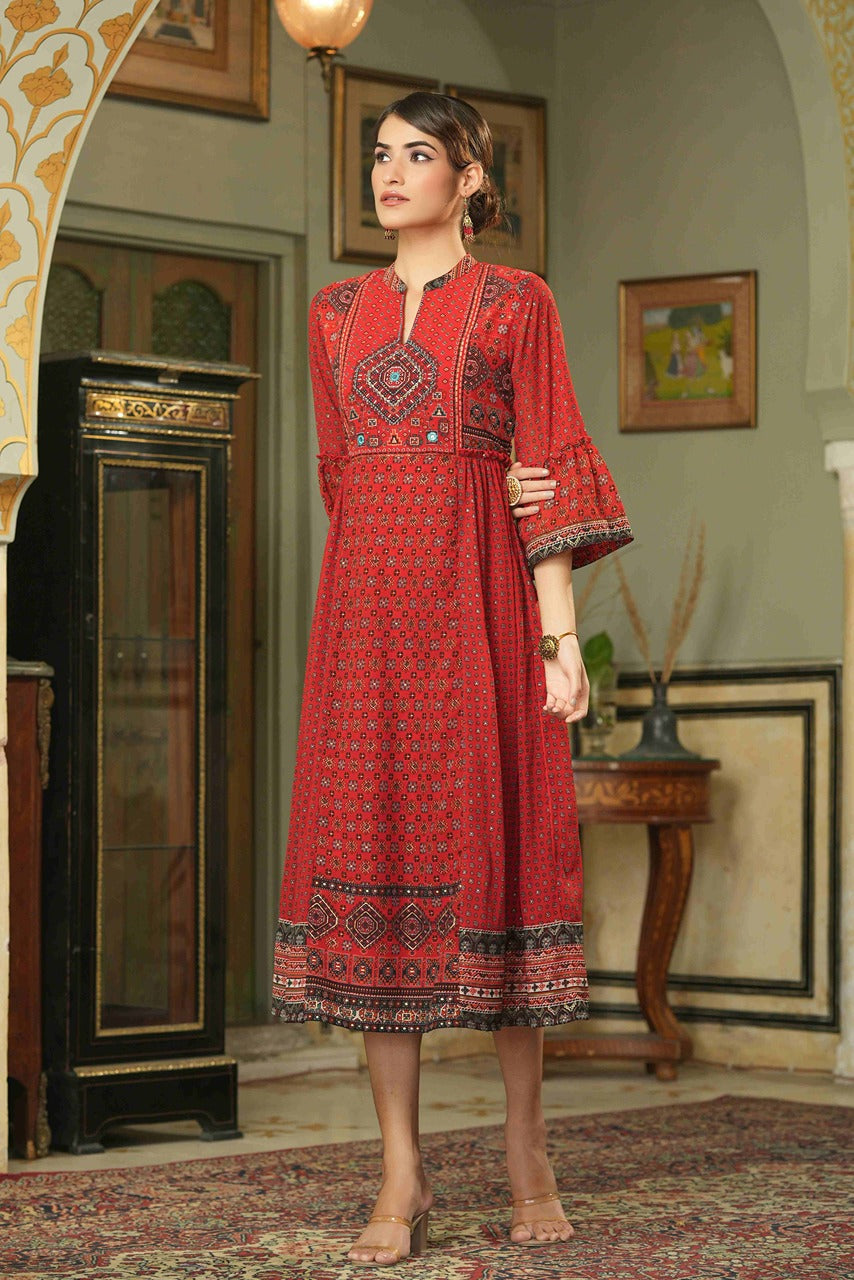 Juniper Red Georgette Festive Printed Flared Dress For Women