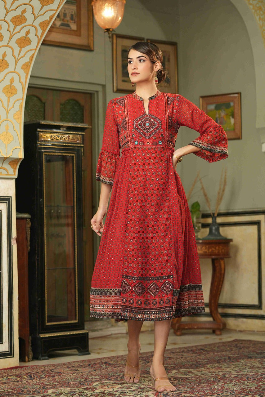 Juniper Red Georgette Festive Printed Flared Dress For Women