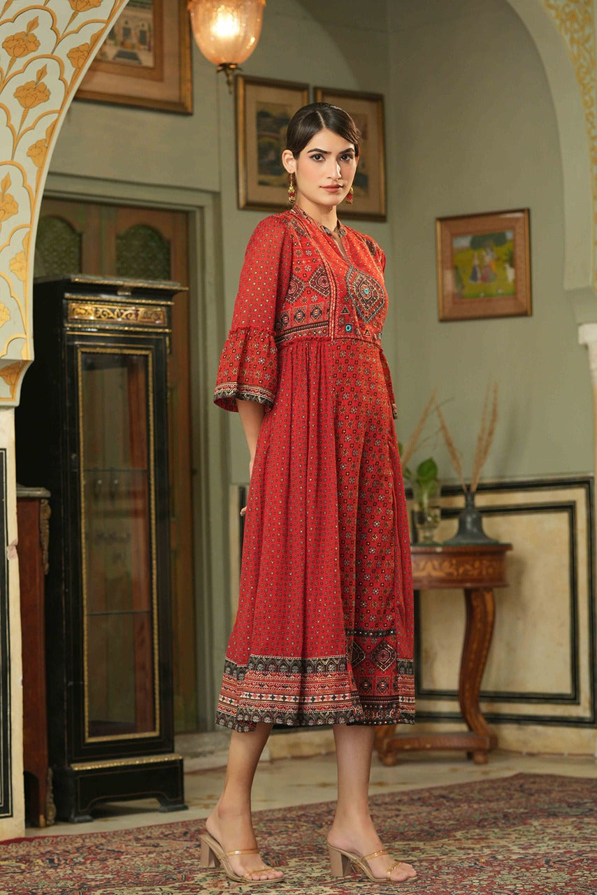 Juniper Red Georgette Festive Printed Flared Dress For Women