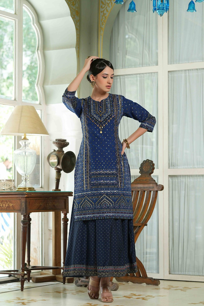 Juniper Indigo Chanderi Festive Printed Flared Kurta For Women