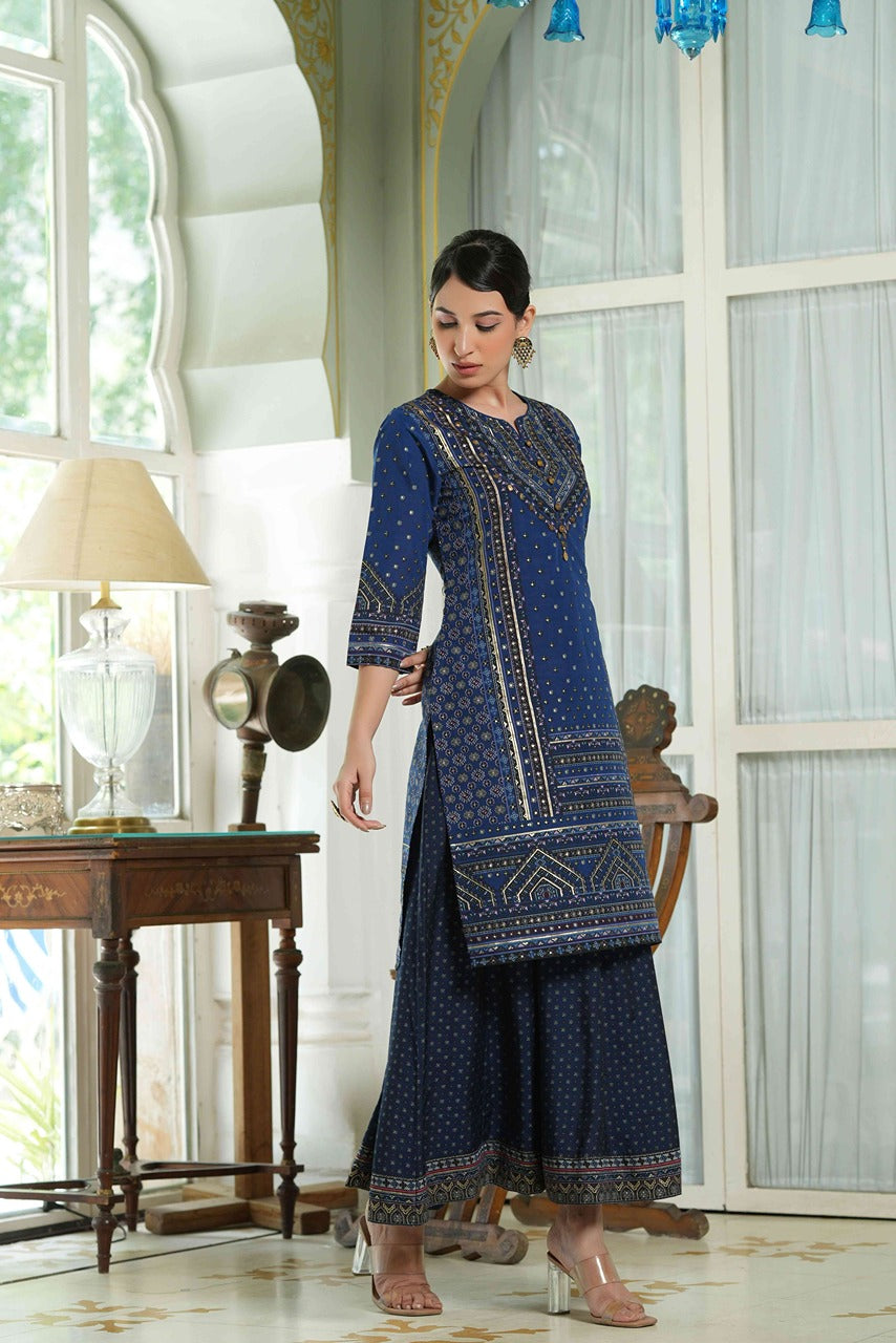 Juniper Indigo Chanderi Festive Printed Flared Kurta For Women