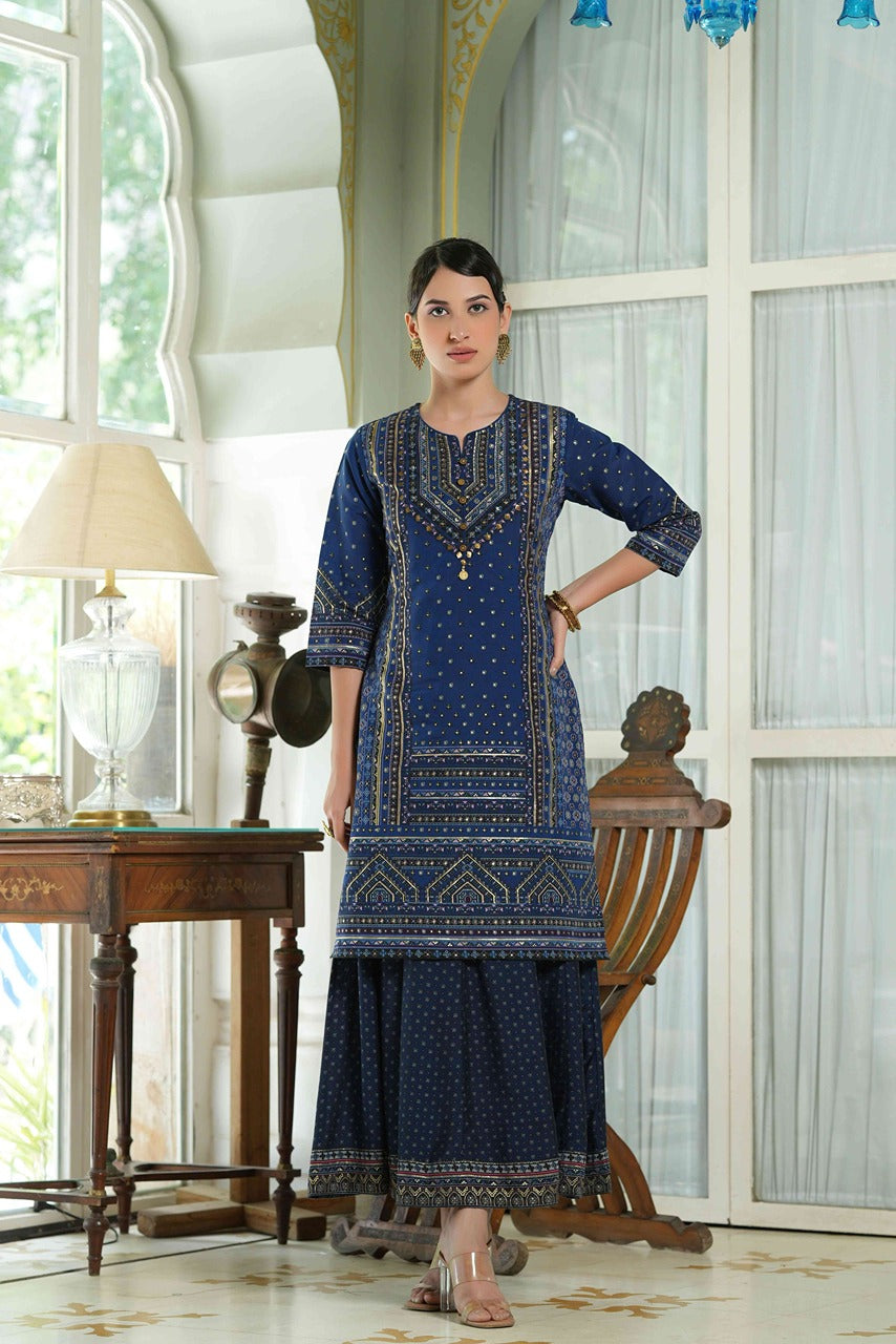 Juniper Indigo Chanderi Festive Printed Flared Kurta For Women