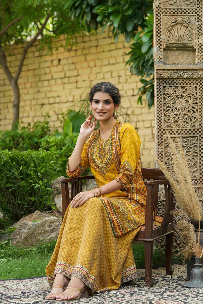 Juniper Mustard Chanderi Festive Printed Flared Kurta For Women