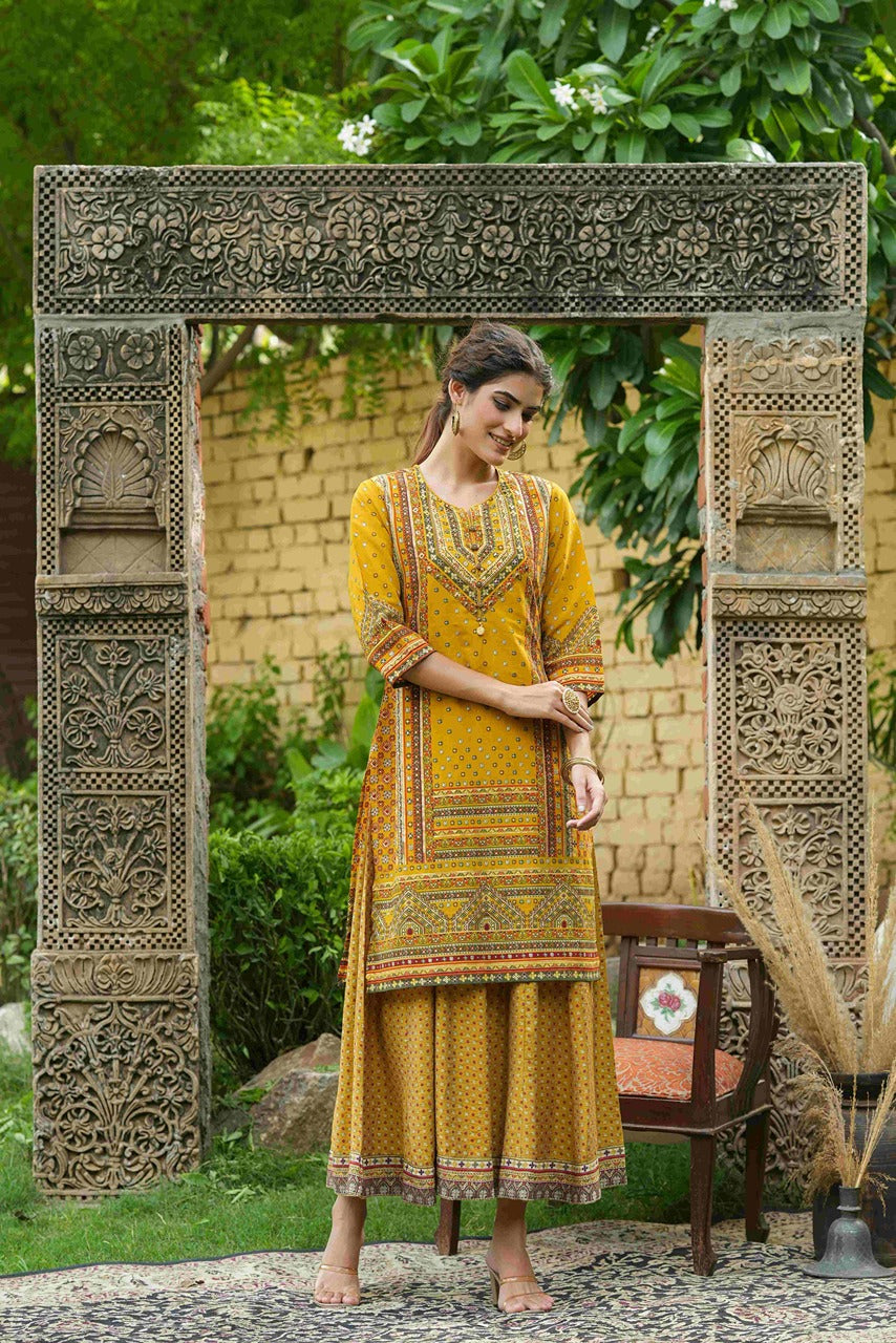 Juniper Mustard Chanderi Festive Printed Flared Kurta For Women