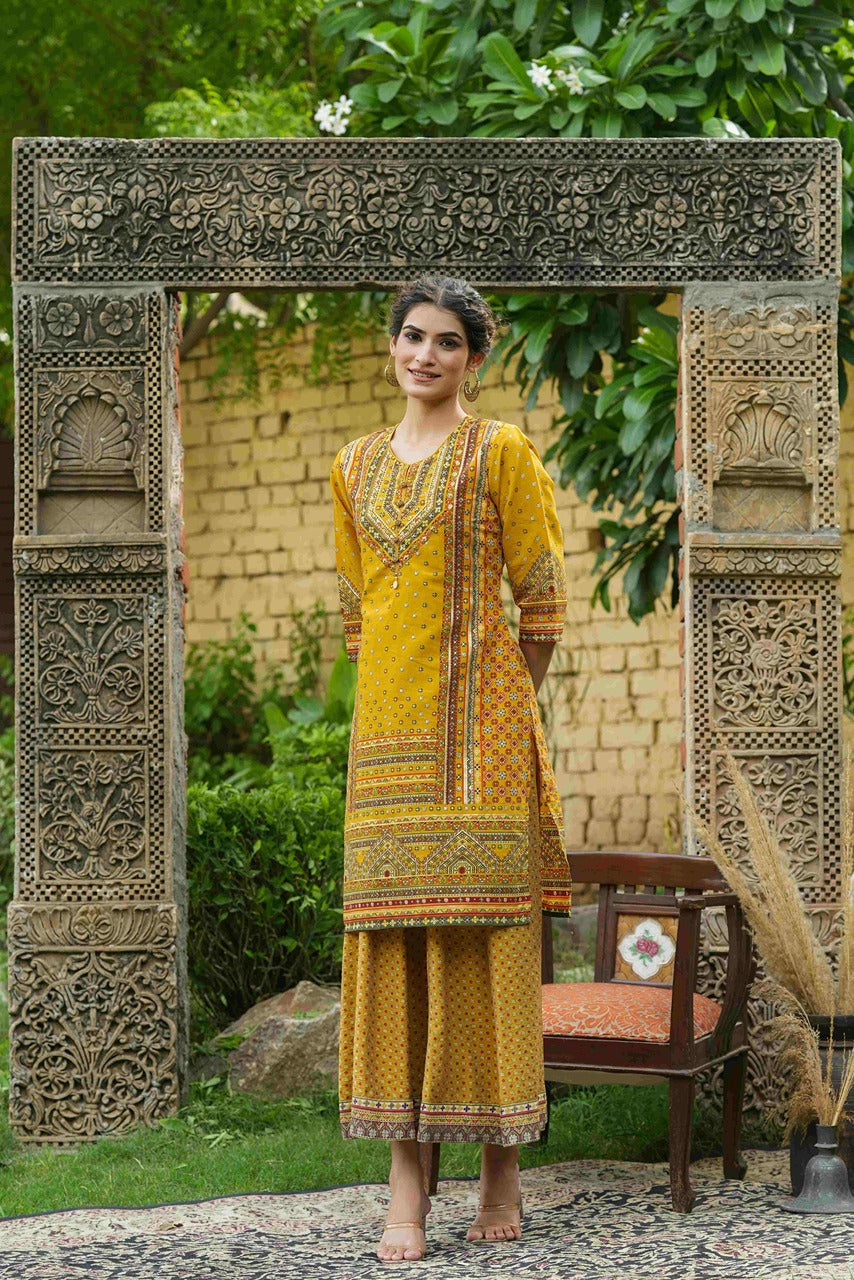 Juniper Mustard Chanderi Festive Printed Flared Kurta For Women