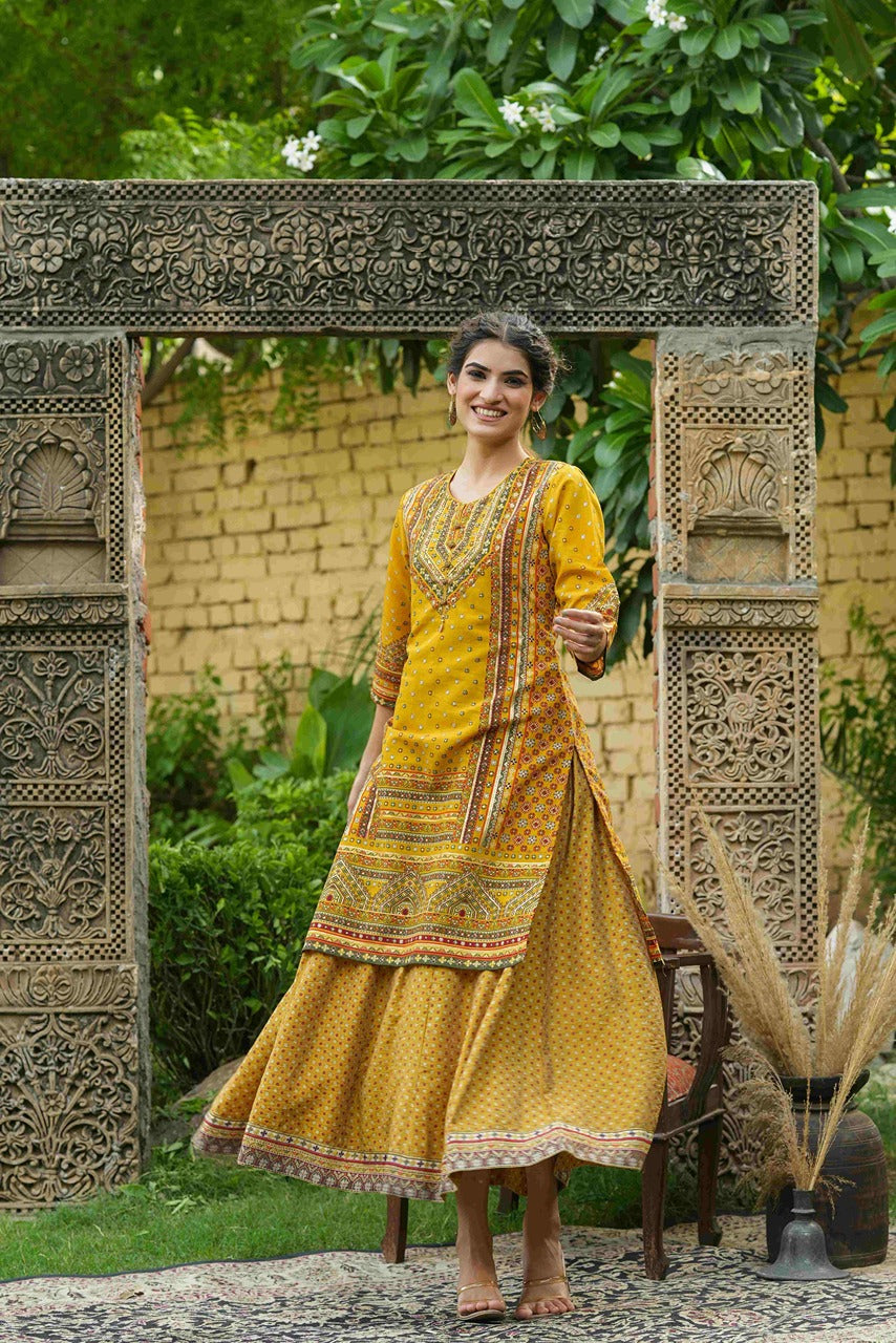 Juniper Mustard Chanderi Festive Printed Flared Kurta For Women