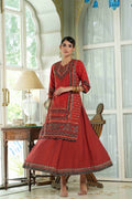 Juniper Red Chanderi Festive Printed Flared Kurta For Women