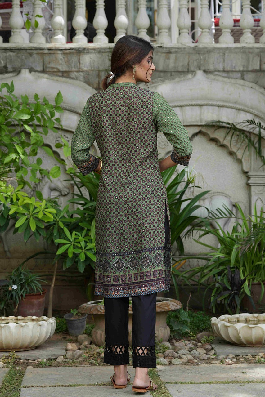 Juniper Green Rayon Festive Gold Foil Printed Straight Kurta For Women