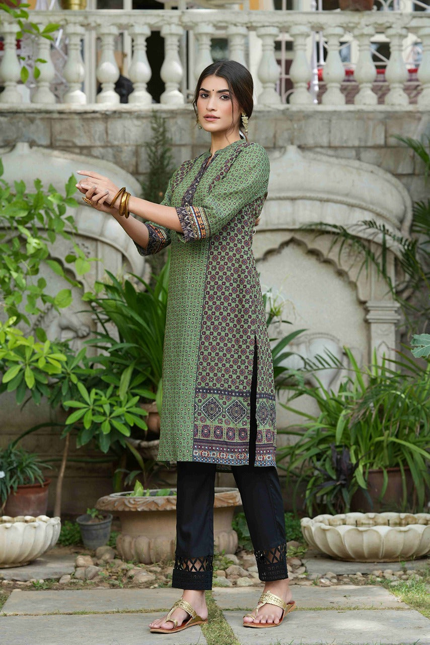 Juniper Green Rayon Festive Gold Foil Printed Straight Kurta For Women