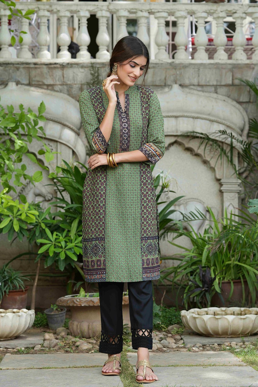 Juniper Green Rayon Festive Gold Foil Printed Straight Kurta For Women