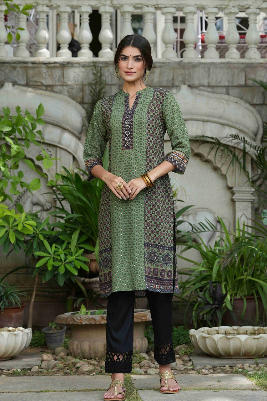 Juniper Green Rayon Festive Gold Foil Printed Straight Kurta For Women
