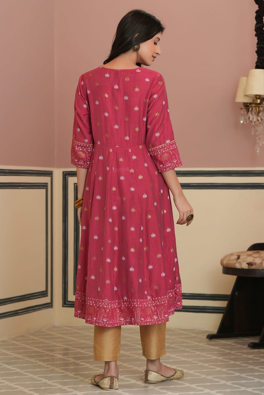 Juniper Fuchsia Rayon Festive Handwork Sequence Anarkali Kurta For Women