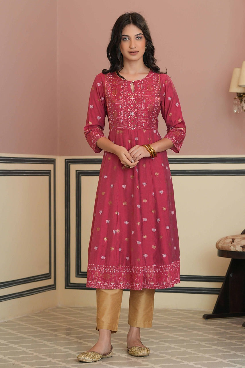 Juniper Fuchsia Rayon Festive Handwork Sequence Anarkali Kurta For Women