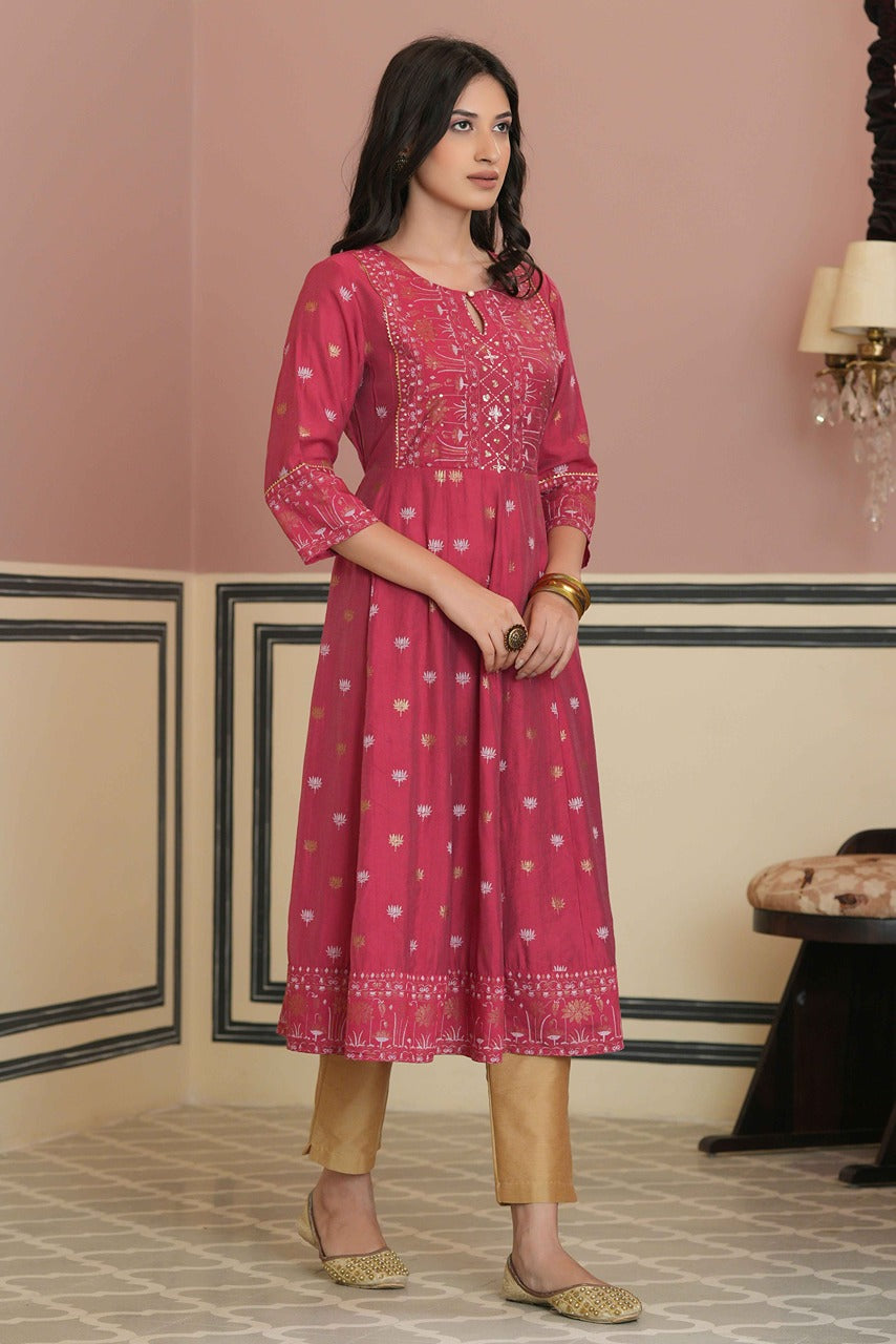 Juniper Fuchsia Rayon Festive Handwork Sequence Anarkali Kurta For Women